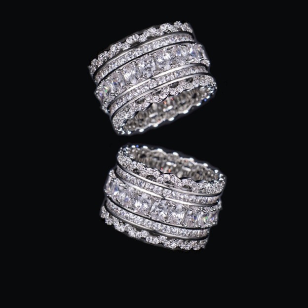 S925 Sterling Silver Multi-Row Pave CZ Wide Eternity Statement Ring