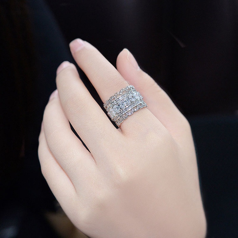 S925 Sterling Silver Multi-Row Pave CZ Wide Eternity Statement Ring