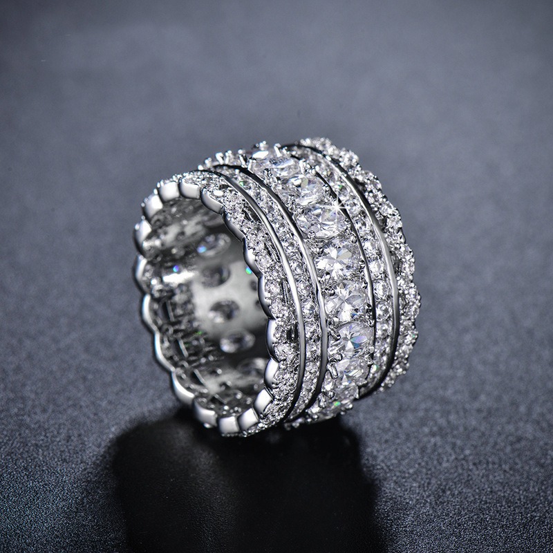 S925 Sterling Silver Multi-Row Pave CZ Wide Eternity Statement Ring