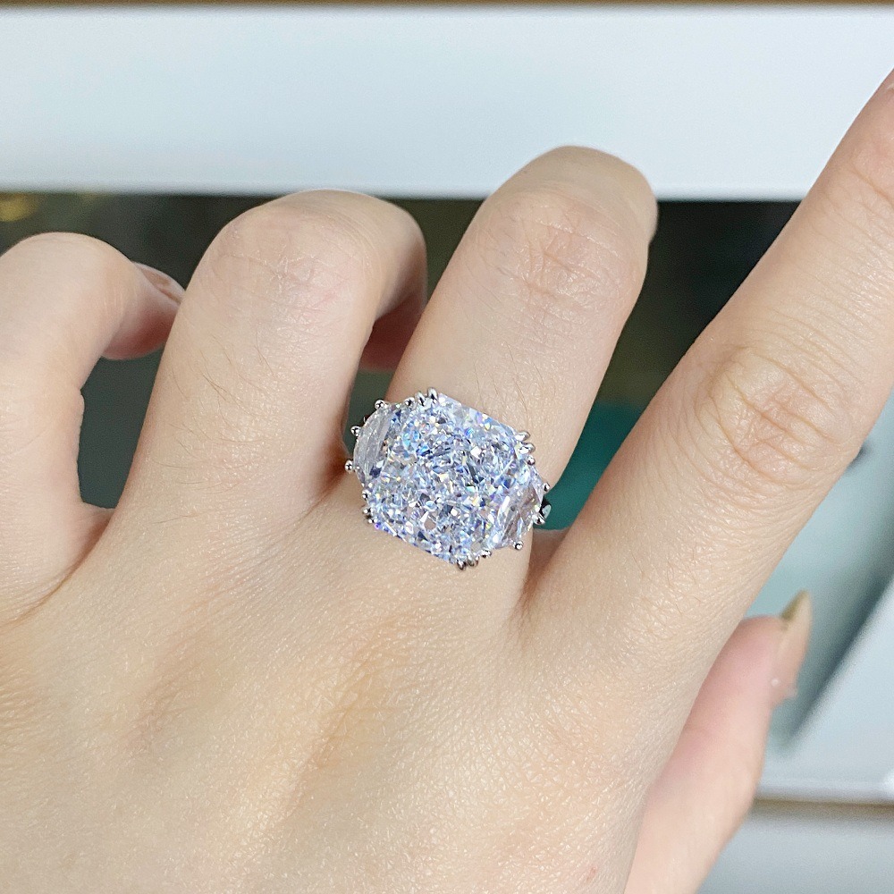 S925 Sterling Silver Radiant Cut Three Stone Ring, Cushion Simulated Diamond Statement Ring