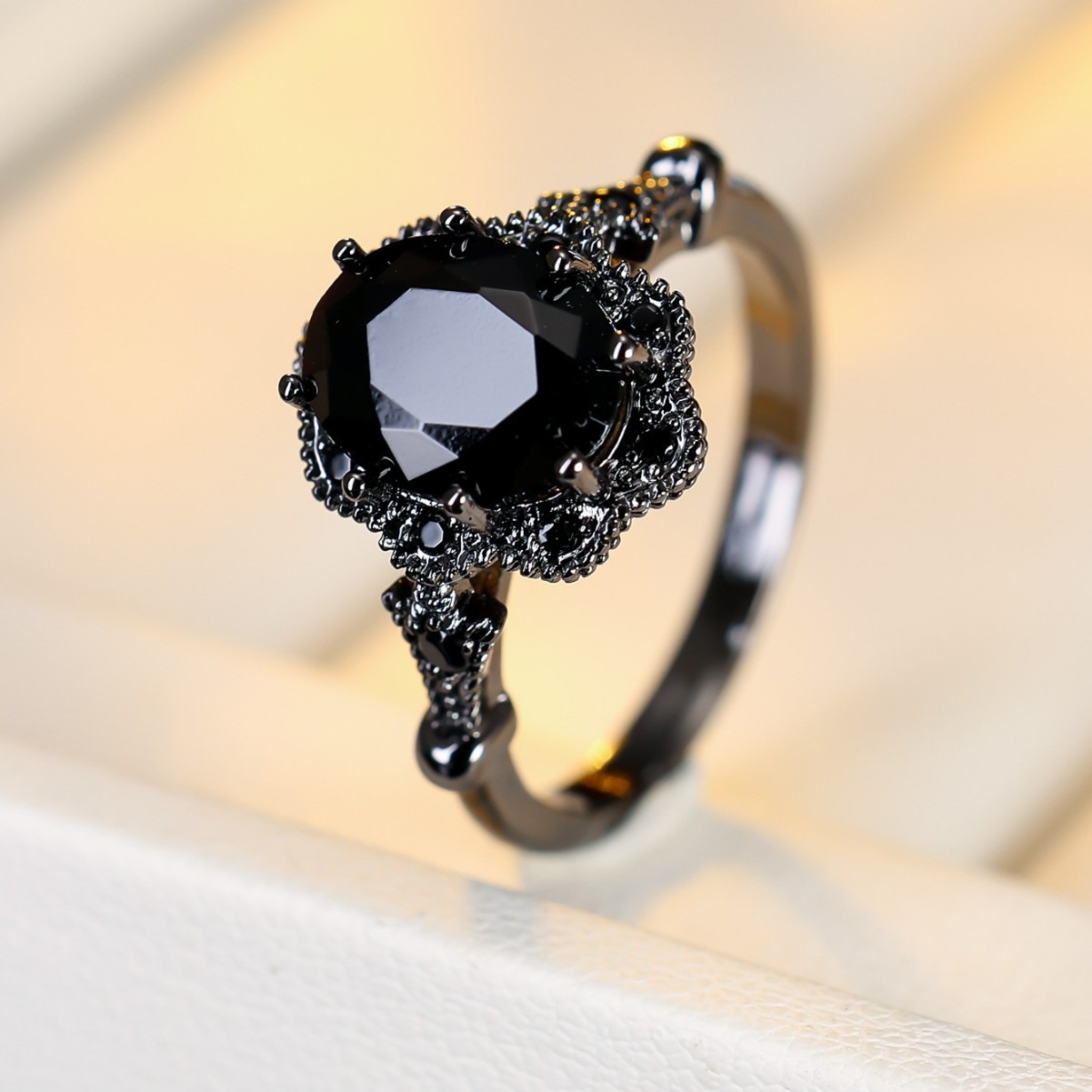 S925 Sterling Silver Black Rhodium Plated Oval Obsidian Gothic Ring