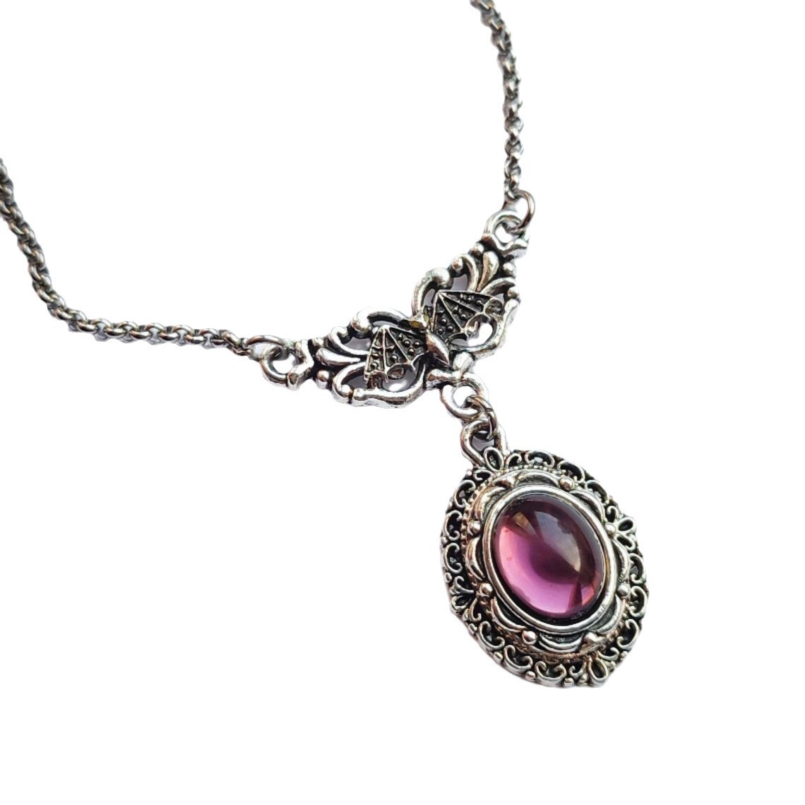 S925 Sterling Silver Vintage Ornate Witch Crystal Necklace
