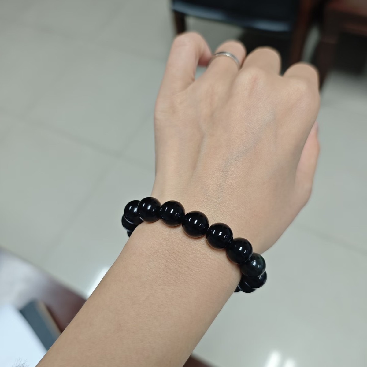 Natural Black Obsidian Bead Bracelet