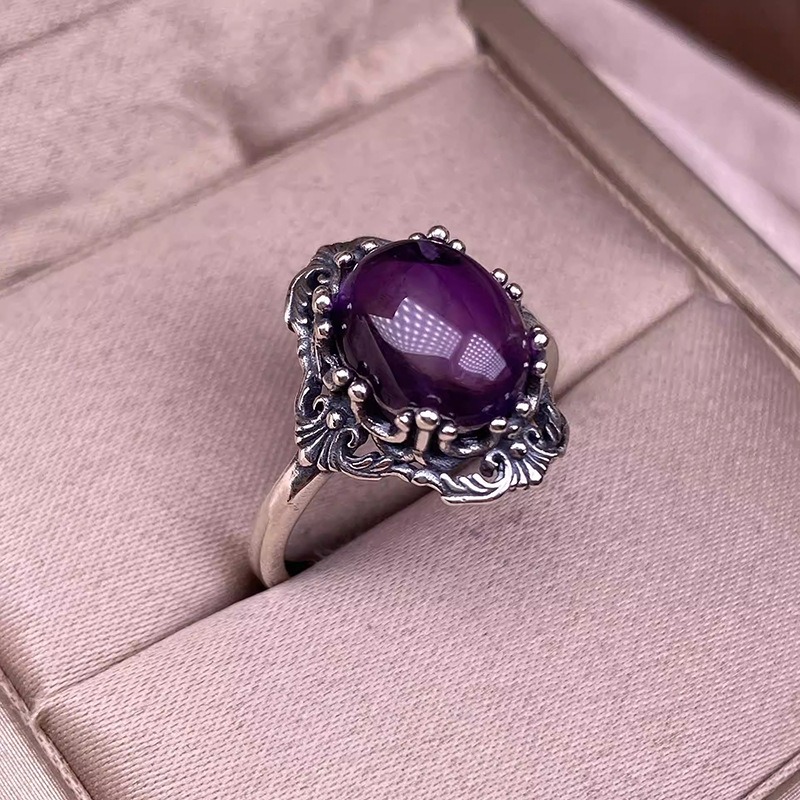 S925 Sterling Silver Oxidized Amethyst Cabochon Ring