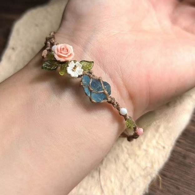 Natural Aquamarine Hand-Woven Bracelet Bohemian Forest Flower Retro Cord