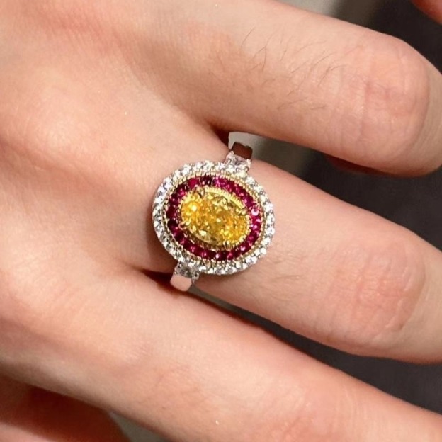 Sterling Silver Oval Yellow CZ Double Halo Ring