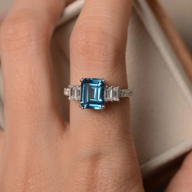  S925 Sterling Silver Emerald-Cut Blue Gemstone Ring