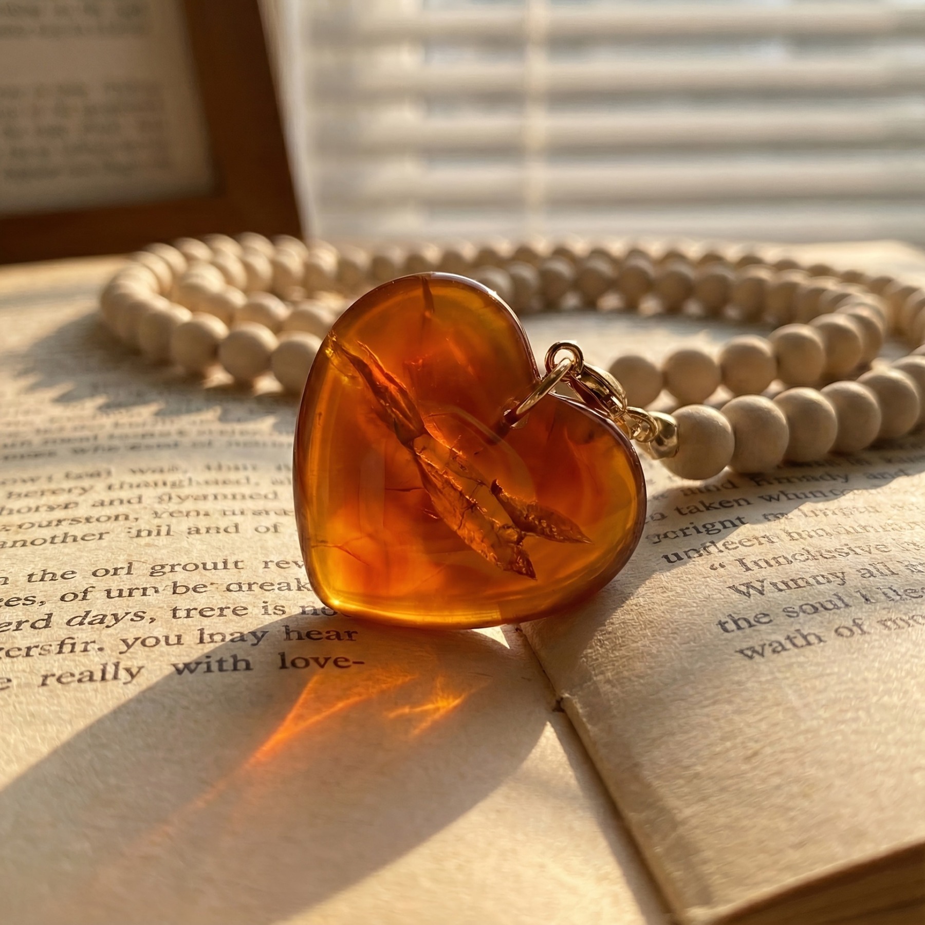 Nature's Pulse Natural Wood Bead Amber Heart Pendant Necklace