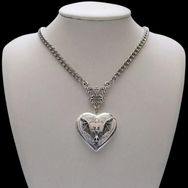 S925 Sterling Silver Gothic Bat Heart Locket Necklace