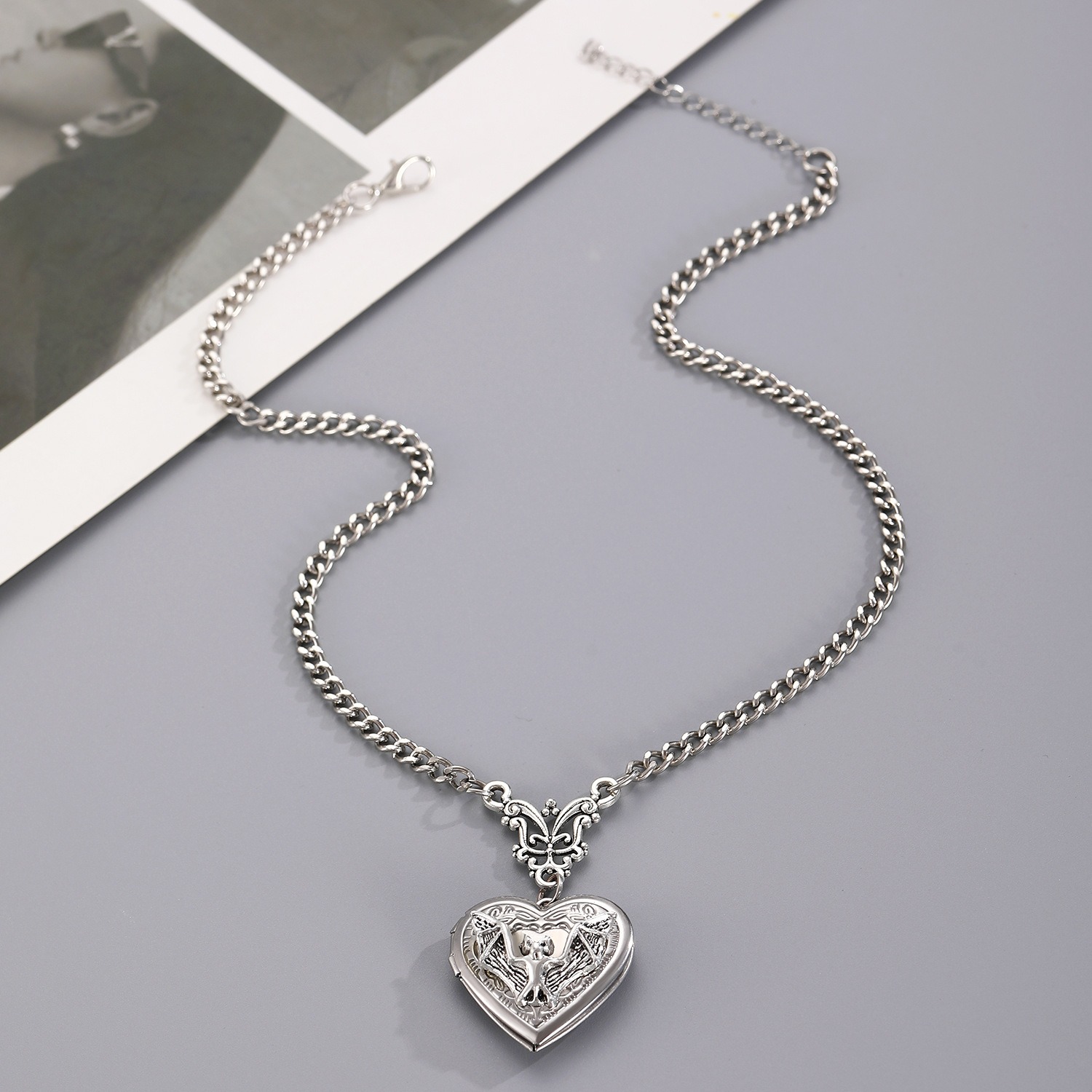 S925 Sterling Silver Gothic Bat Heart Locket Necklace