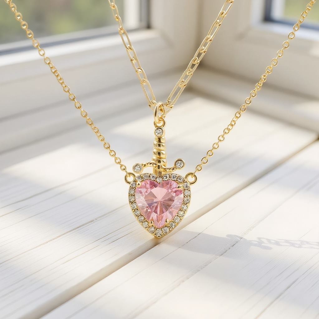 Sword - Heart Double - Layer Cuban Link Necklace (Gold/Silver, Multi - Gem Version)