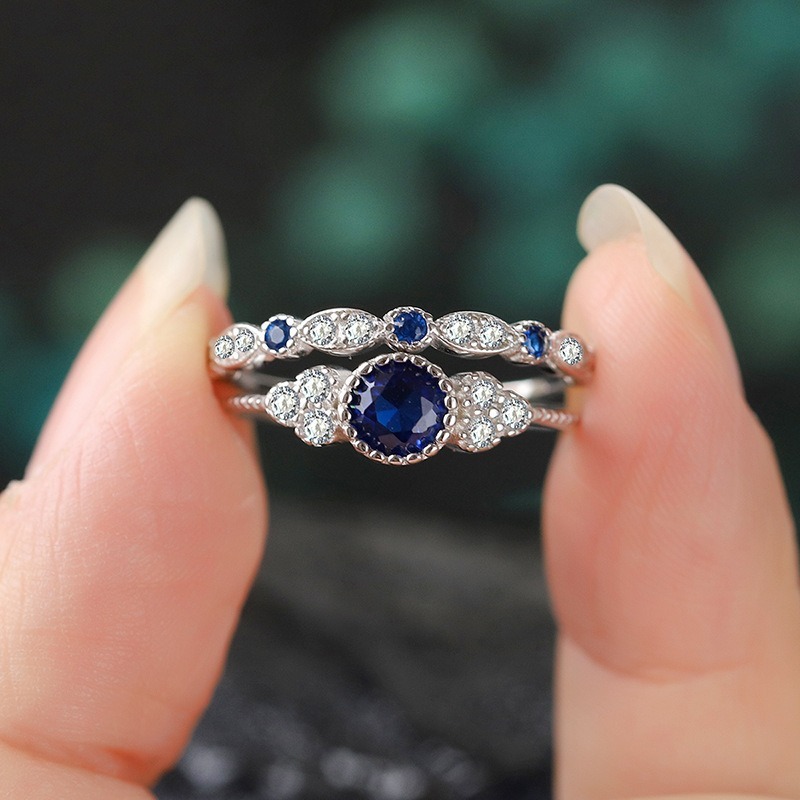 “Eternal Heart” Round Gemstone Ring Set | Stackable Double Ring Design with Halo Setting