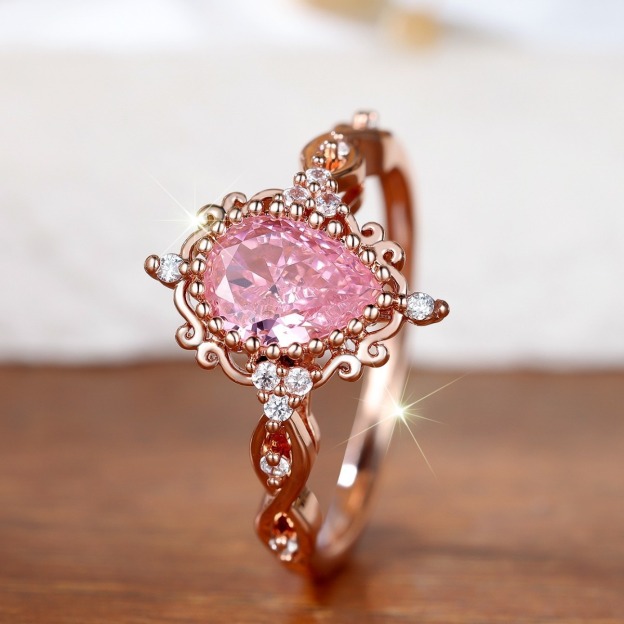 Pink Diamond Dream 18K Rose Gold Vintage Court Ring｜Pear-Cut Center Stone for Elegant Romance
