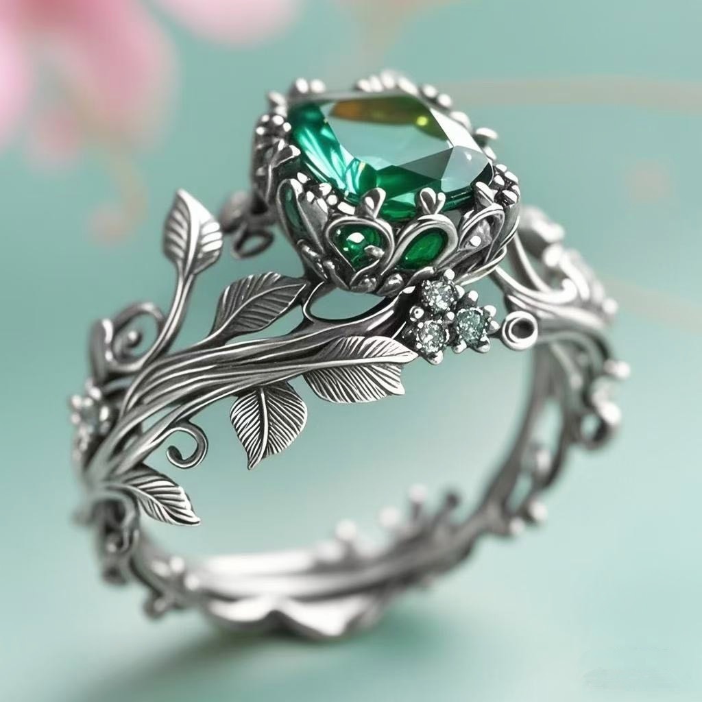 Vine Crystal Glow Vintage Vine Green Crystal Ring｜Natural Texture for Finger Elegance