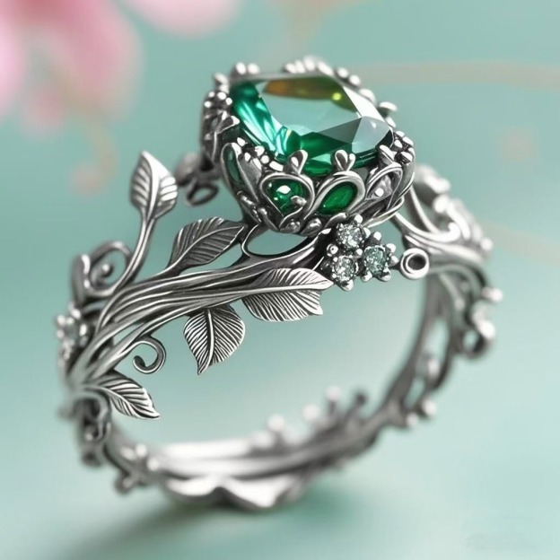 Vine Crystal Glow Vintage Vine Green Crystal Ring｜Natural Texture for Finger Elegance