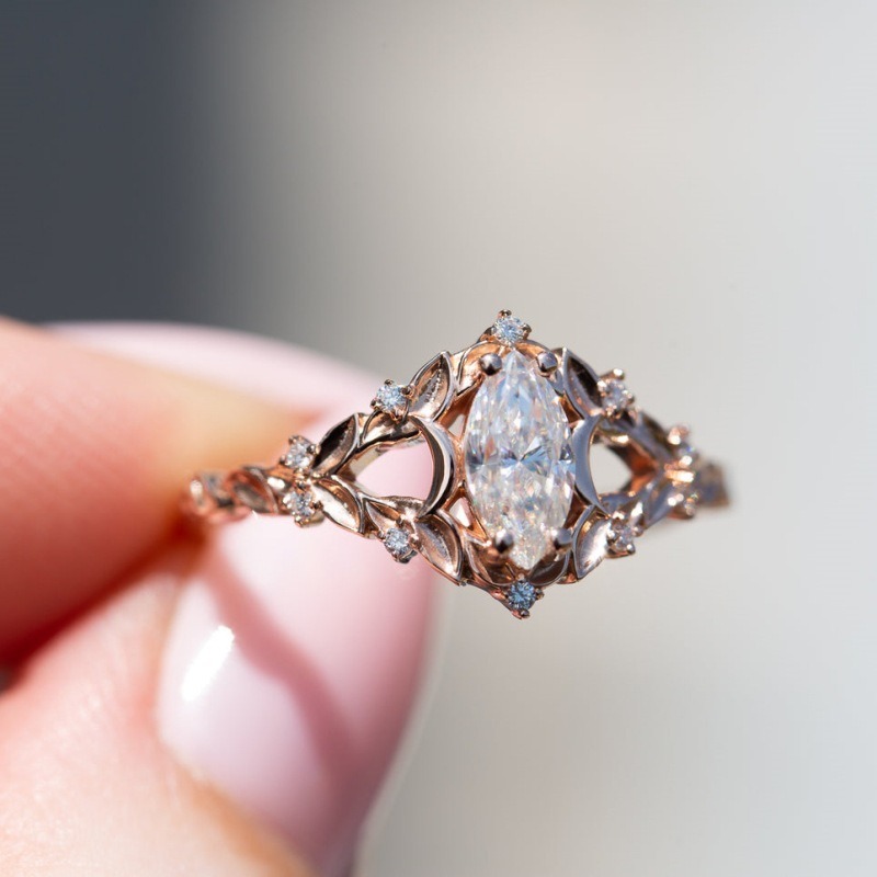 Gilded Marquise 18K Rose Gold Marquise Cut Diamond Vintage Openwork Ring