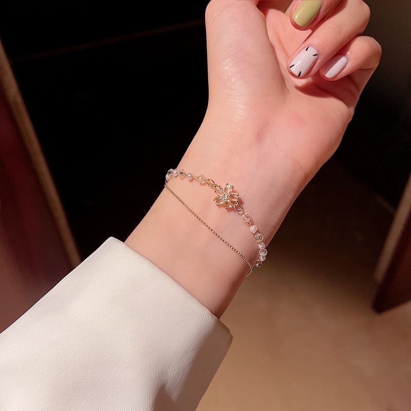 Gilded Flower Whisper 18K Gold Pearl & Crystal Double-Layer Bracelet