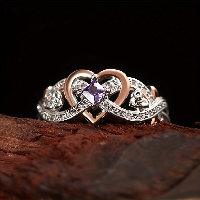 Rose Gold Heart Shaped Amethyst Ring - Women's Light Luxury Romantic Diamond-Encrusted Accessory