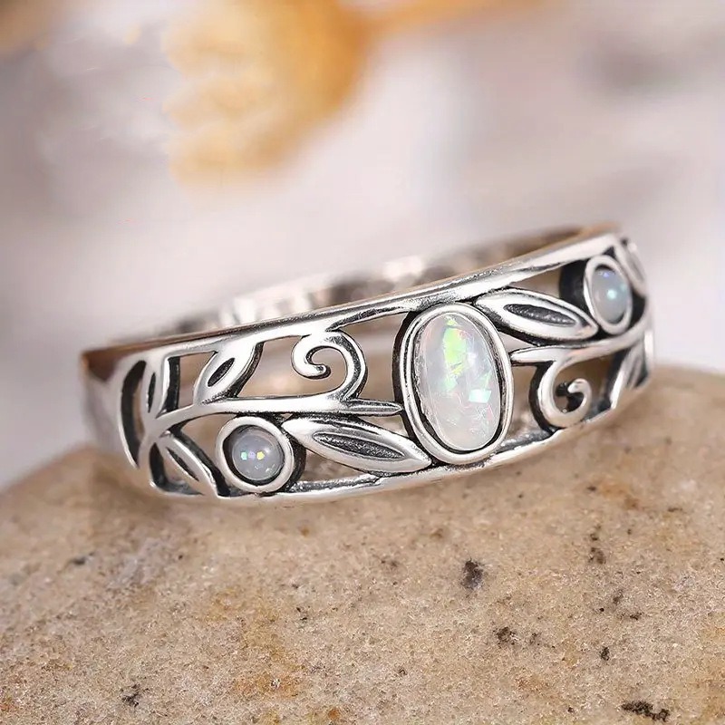 Silver Leaf Opal S925 Sterling Silver Openwork Carved Ring