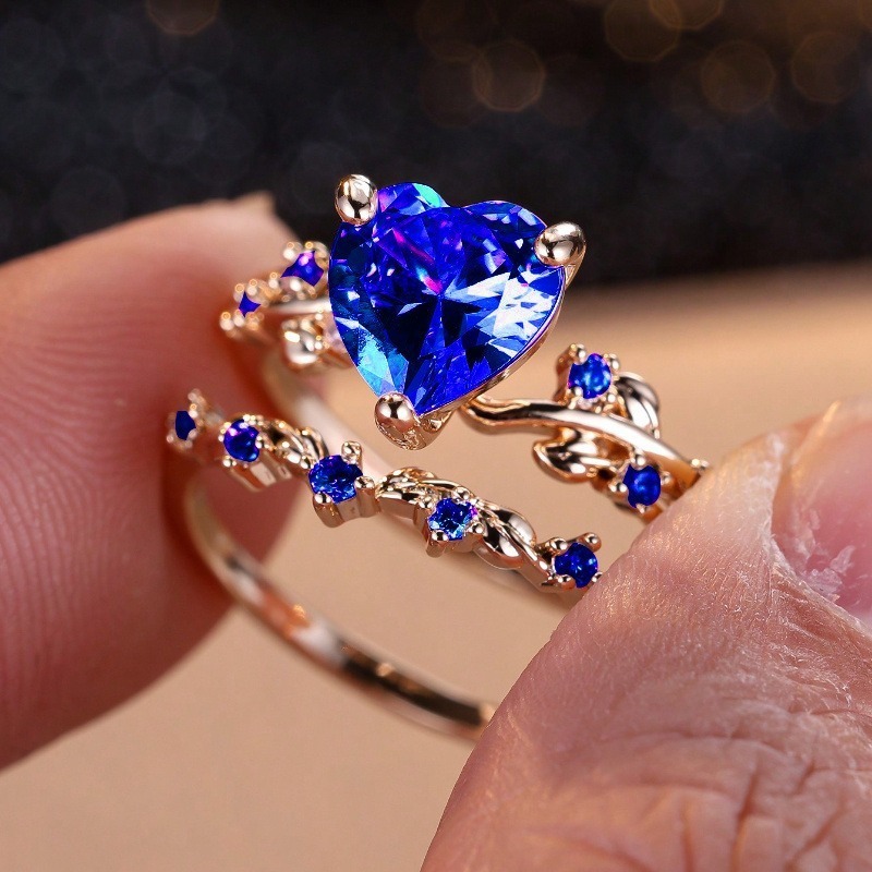 Multi-Color Heart Gemstone Vine Ring Set - Women's Light Luxury Romantic Diamond-Encrusted Accessory
