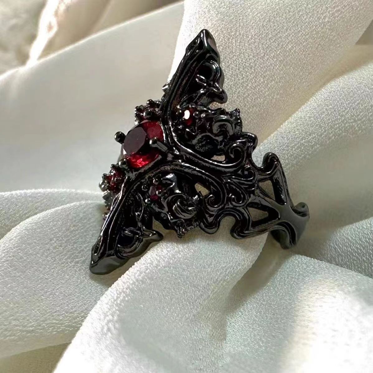 Midnight Crimson Black-Plated Gothic Ring