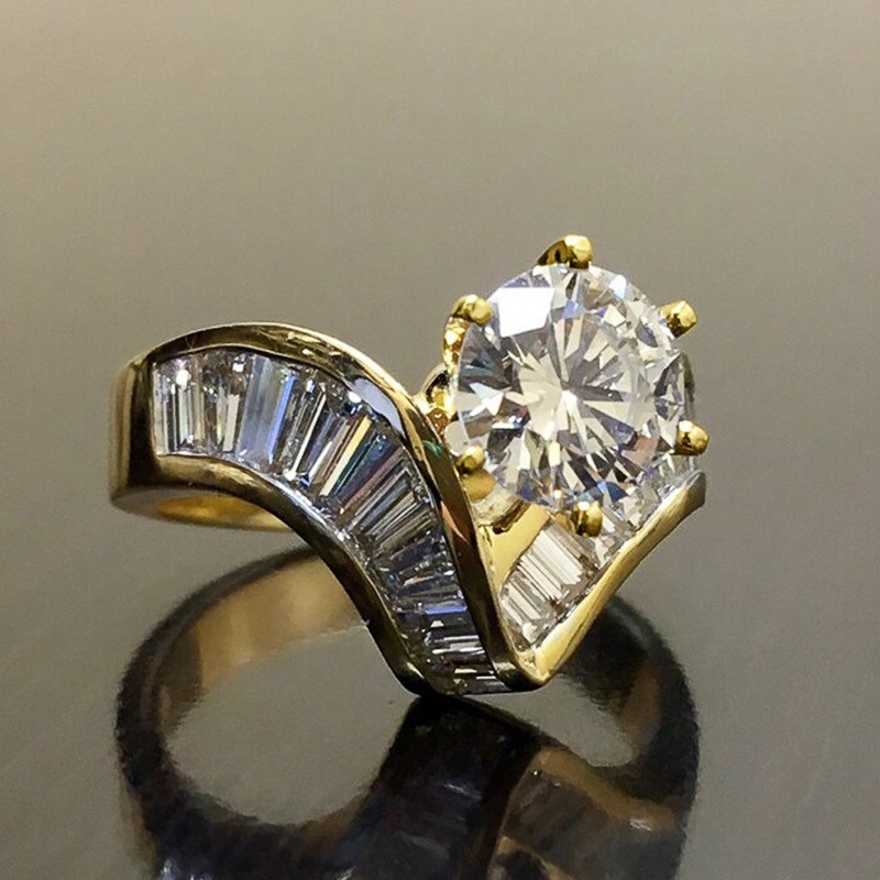 Two-Tone Starburst 18K Gold Six-Prong Center Baguette Ring