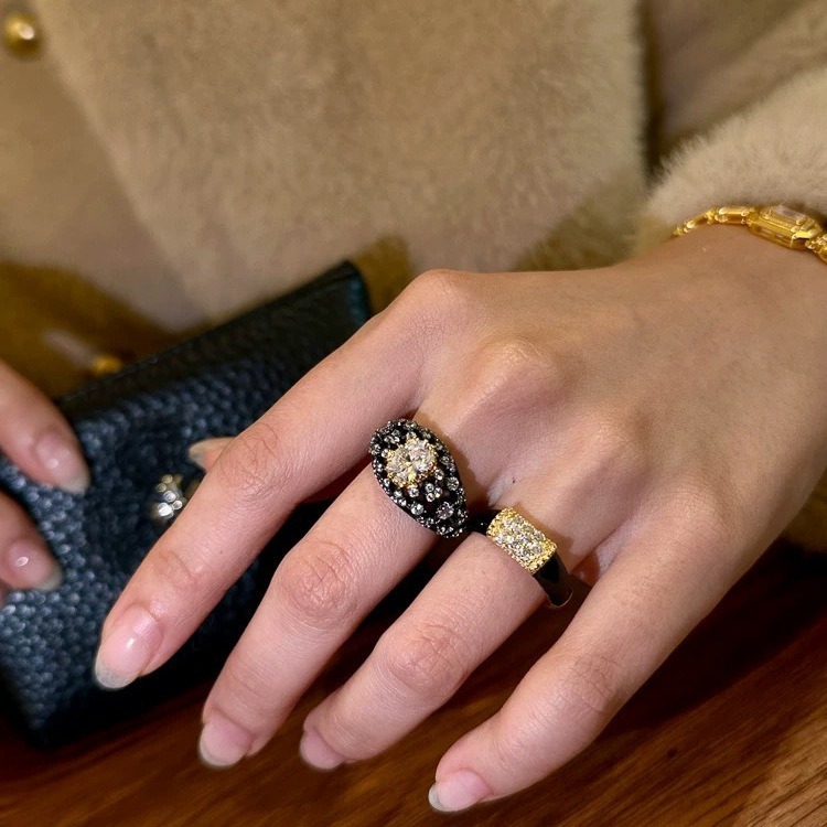 Black Gold Dream S925 Sterling Silver Black-Gold Plated Diamond Ring Set Vintage Modernity at Your Fingertips