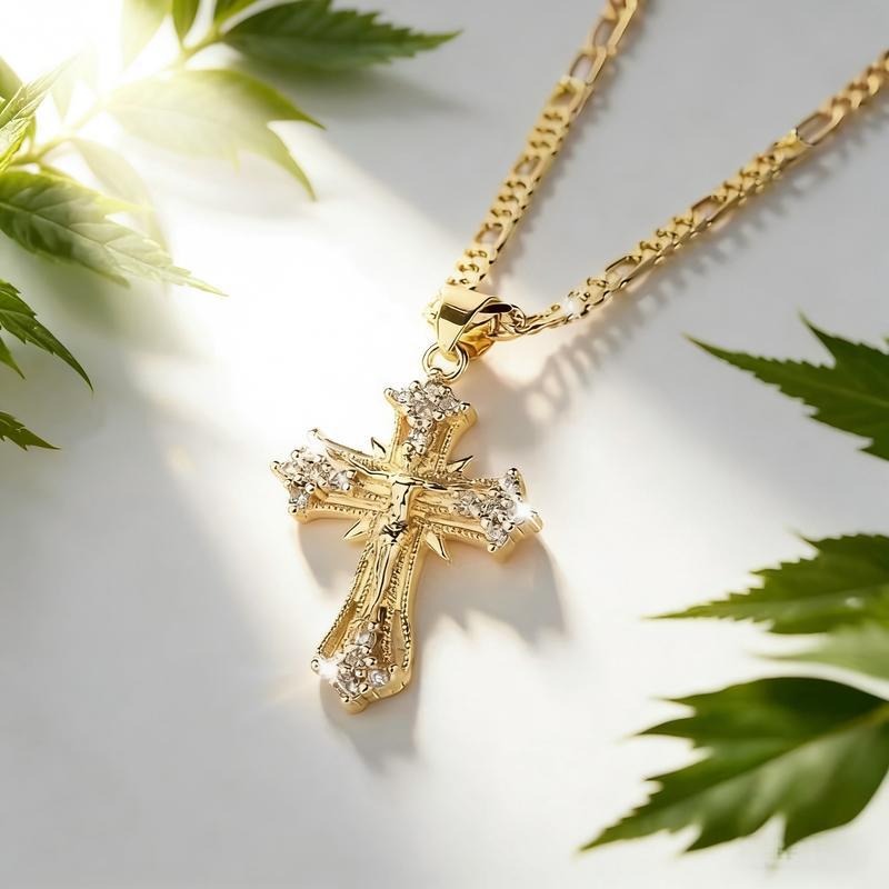 Glory Light Vintage Cross Necklace Gold Cross Pendant with Sparkling Stones