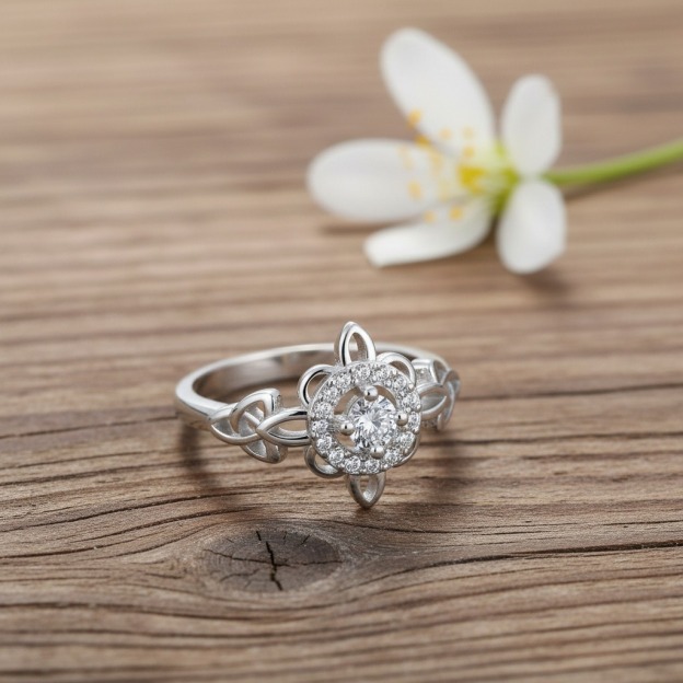 Celtic Guardian Blossom S925 Sterling Silver Platinum Plated Diamond Ring Timeless Strength Protection