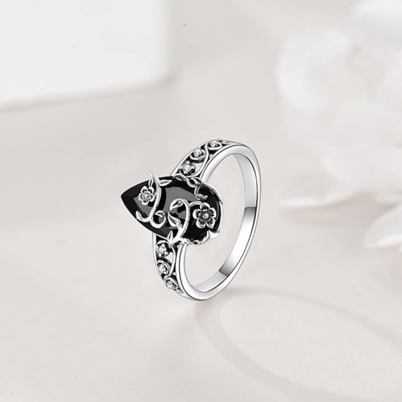 Obsidian Guardian Blossom S925 Sterling Silver Protection Ring Timeless Protective Elegance