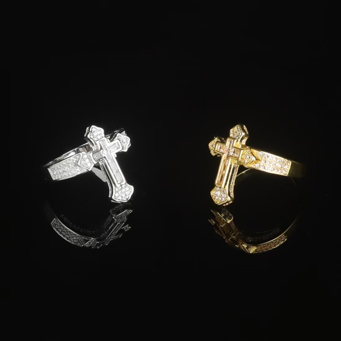 Sacred Radiance Cross 14K Gold Full Crystal Protection Ring