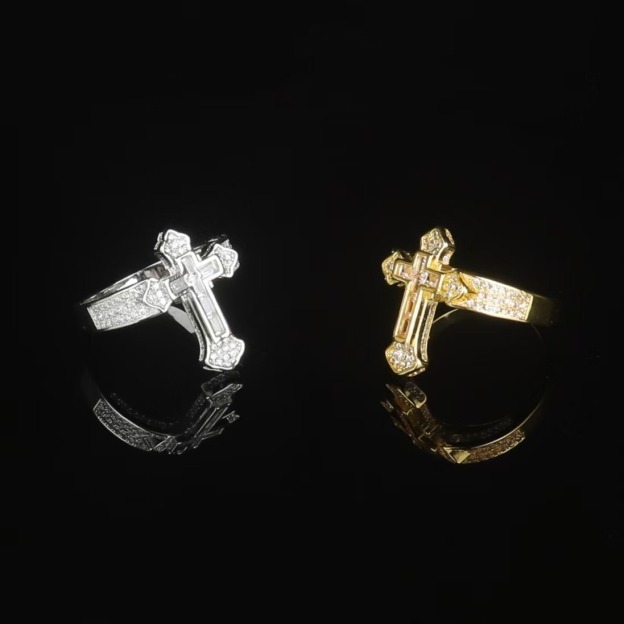 Sacred Radiance Cross 14K Gold Full Crystal Protection Ring
