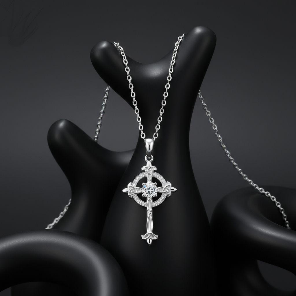 Celtic Sacred Ring S925 Sterling Silver Crystal Cross Necklace