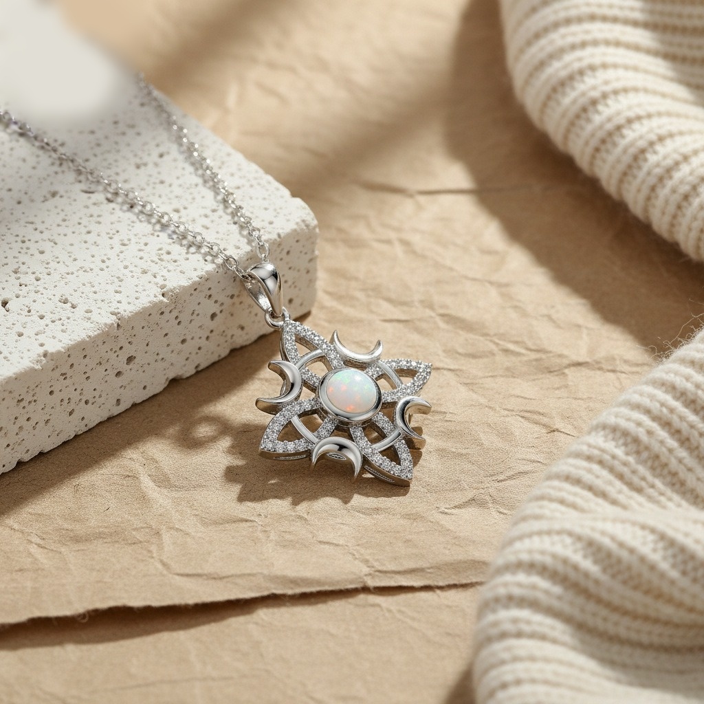 Celtic Moon Glow S925 Sterling Silver Opal Star-Moon Protection Necklace