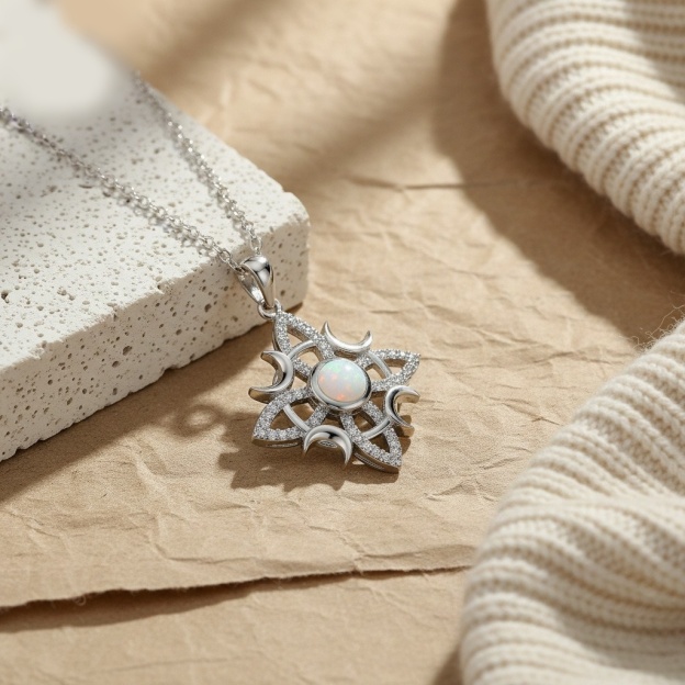 Celtic Moon Glow S925 Sterling Silver Opal Star-Moon Protection Necklace
