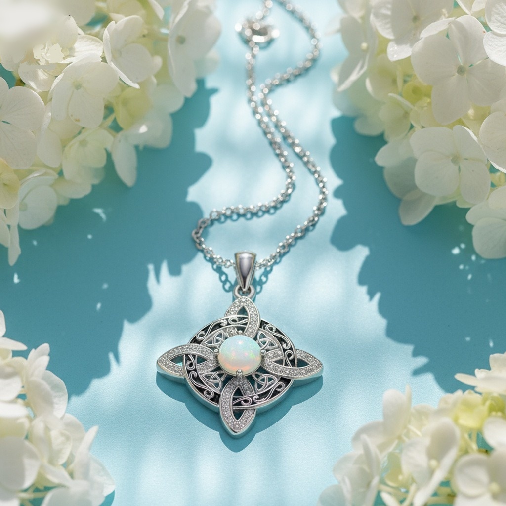 Iridescent Protection S925 Sterling Silver Opal Celtic Knot Necklace