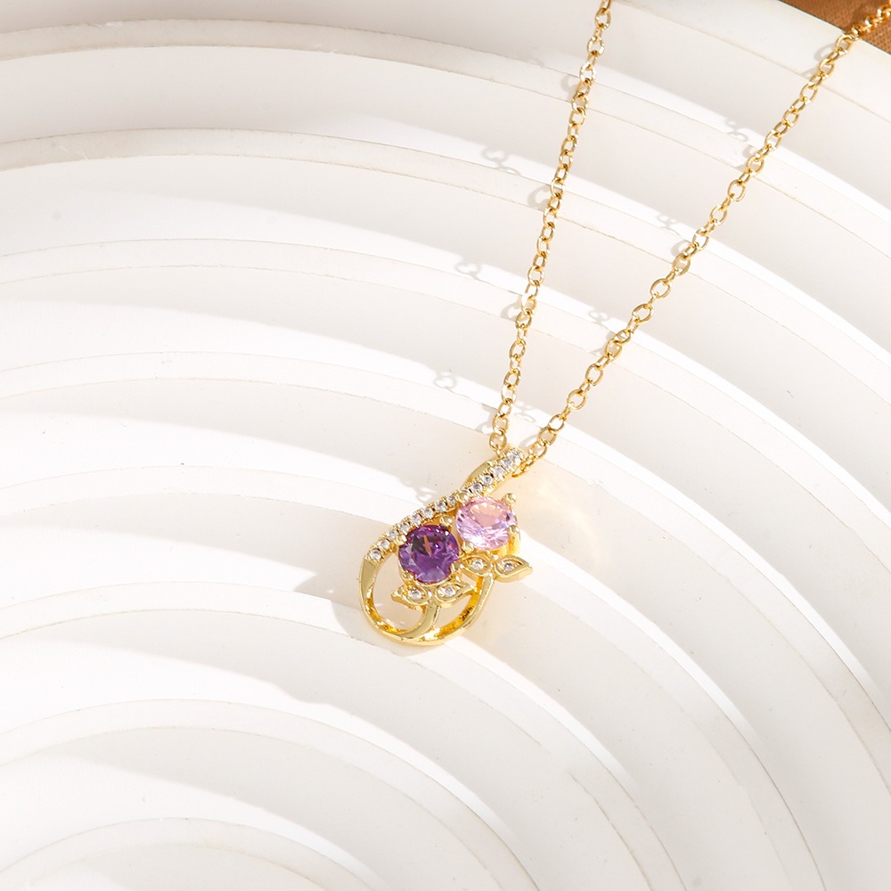 Twin Blossom Gourd Two-Tone Pink Purple Gem Necklace