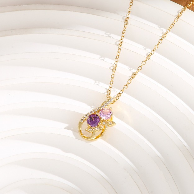 Twin Blossom Gourd Two-Tone Pink Purple Gem Necklace