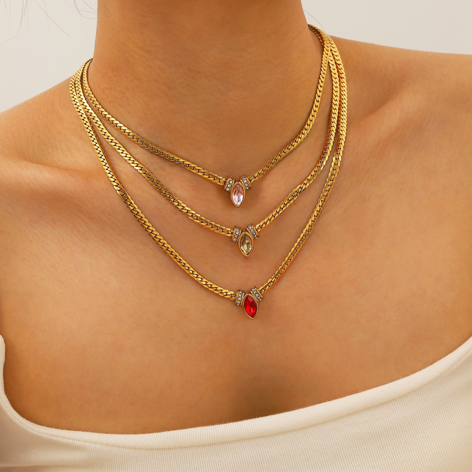 Marquise Gemstone Thin Gold Cuban Link Necklace