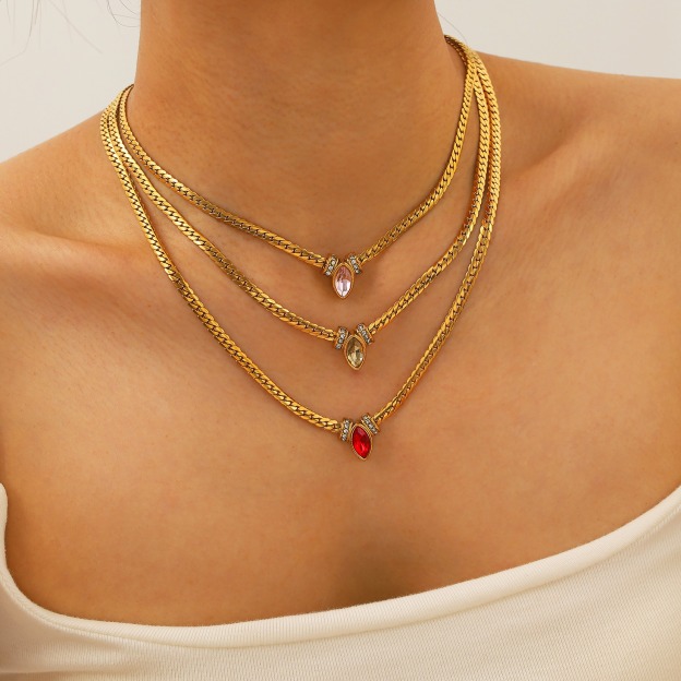 Marquise Gemstone Thin Gold Cuban Link Necklace