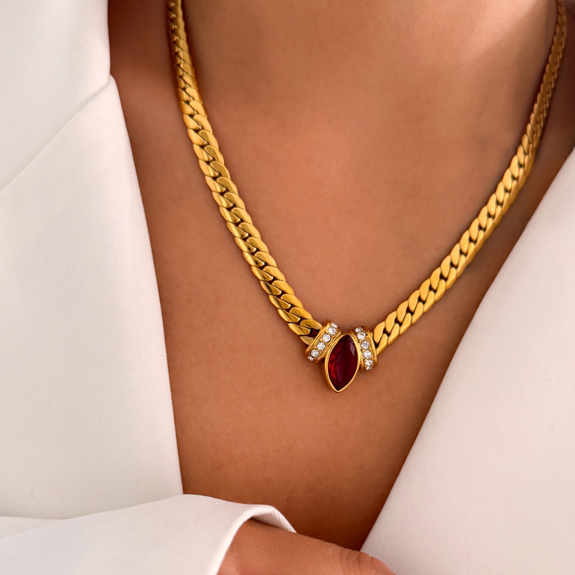 Marquise Gemstone Thin Gold Cuban Link Necklace
