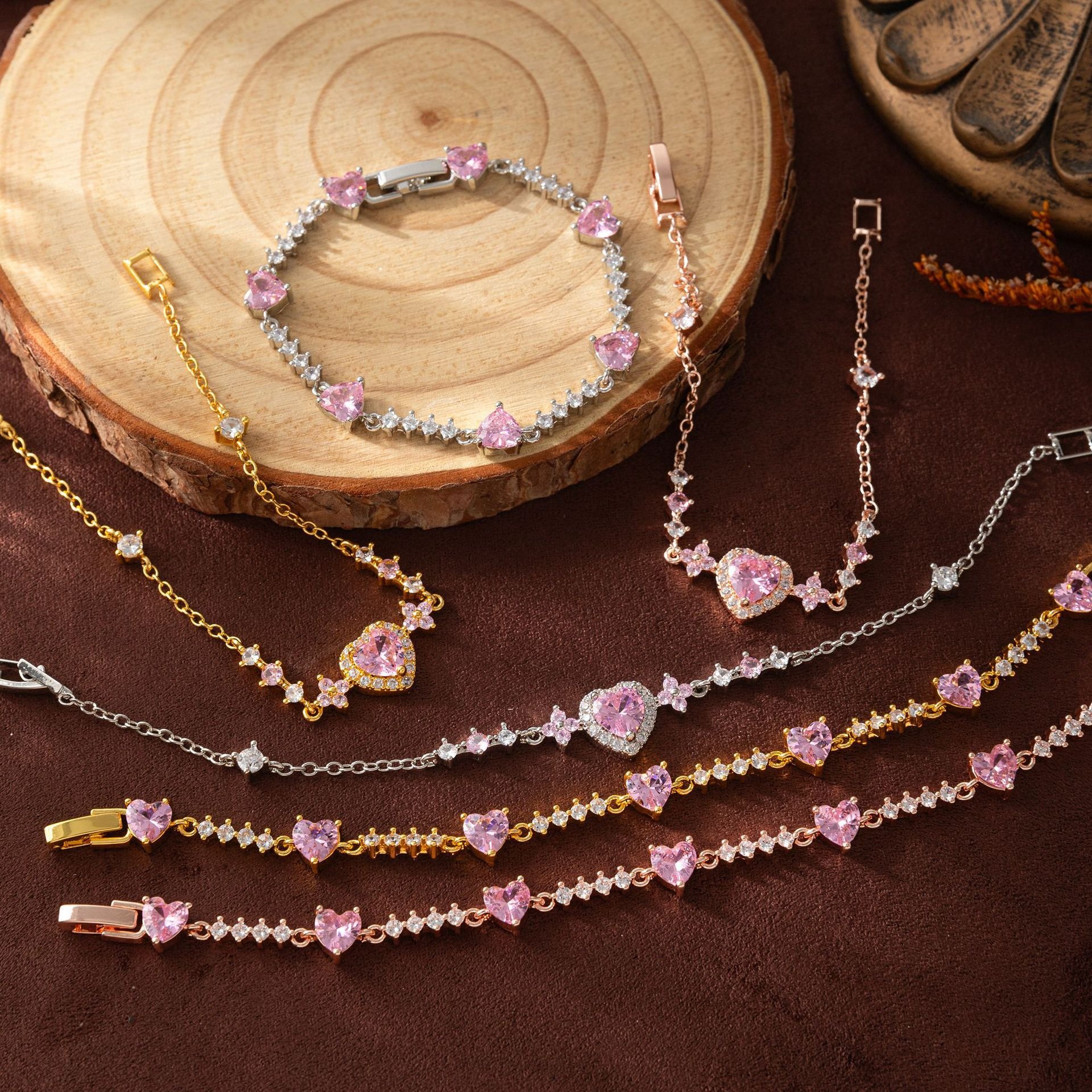 Pink Heart Crown 18K Gold/Rose Gold Pink Heart Pave Bracelet