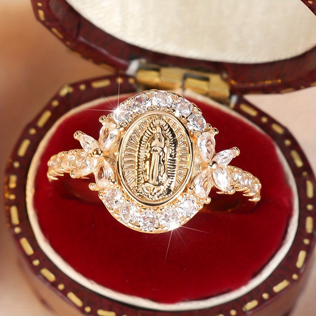 8K Gold Our Lady of Guadalupe Full-Diamond Ring - Light Luxury Retro Faith Band