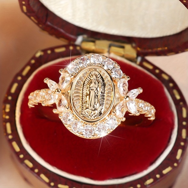 8K Gold Our Lady of Guadalupe Full-Diamond Ring - Light Luxury Retro Faith Band