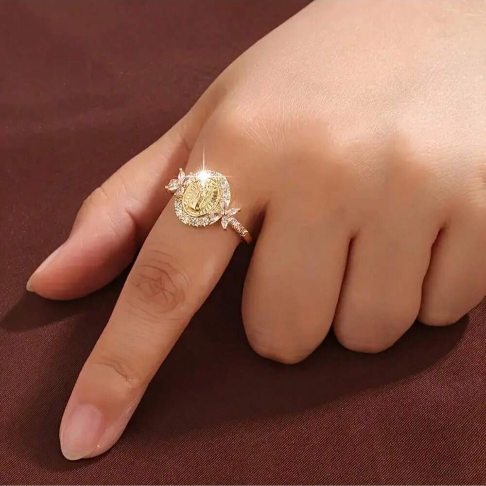 8K Gold Our Lady of Guadalupe Full-Diamond Ring - Light Luxury Retro Faith Band