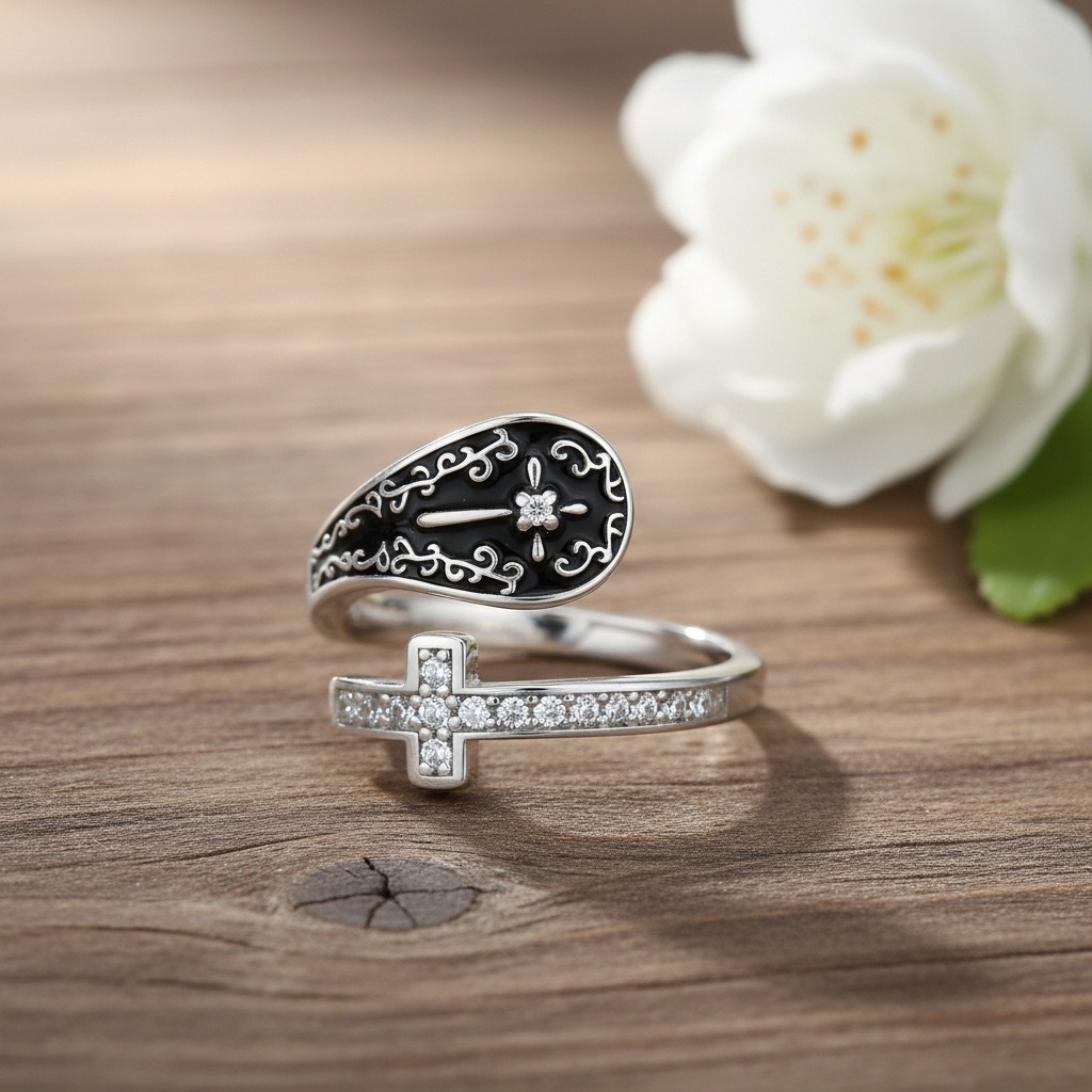 Divine Shield S925 Silver Black Onyx Cross Open Ring