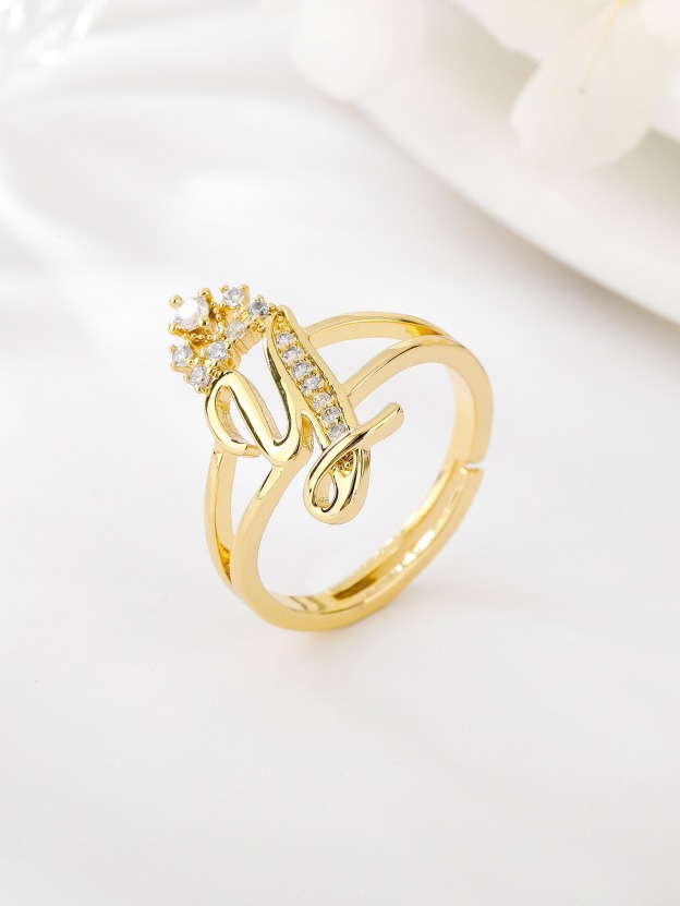 26 Letters Optional Crown Diamond-Encrusted Ring - Women's Light Luxury Personalized Letter Accessory