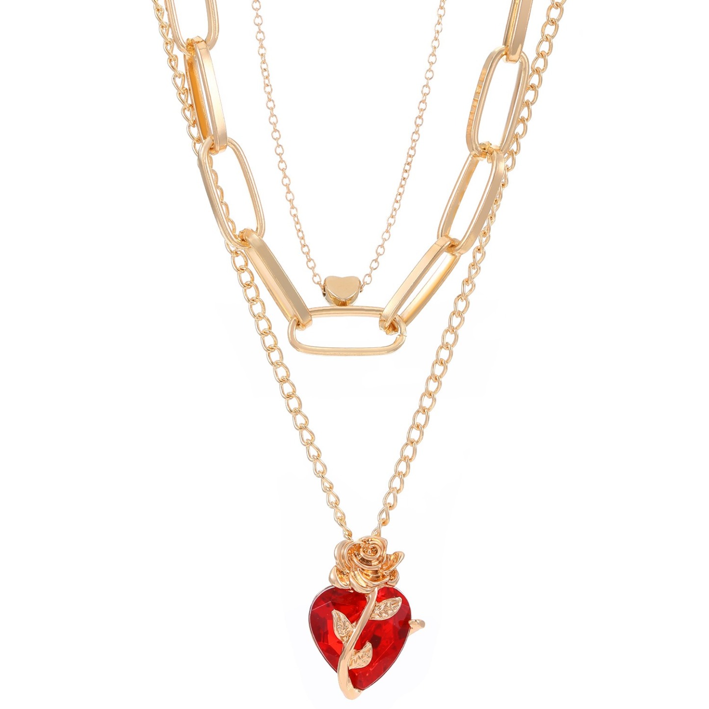 Rose & Red Heart Multi-Color Necklaces - Black Gold/Gold/Silver Single Chain & Layered Styles