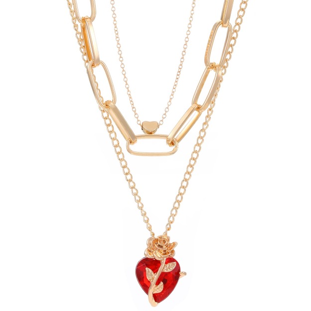 Rose & Red Heart Multi-Color Necklaces - Black Gold/Gold/Silver Single Chain & Layered Styles