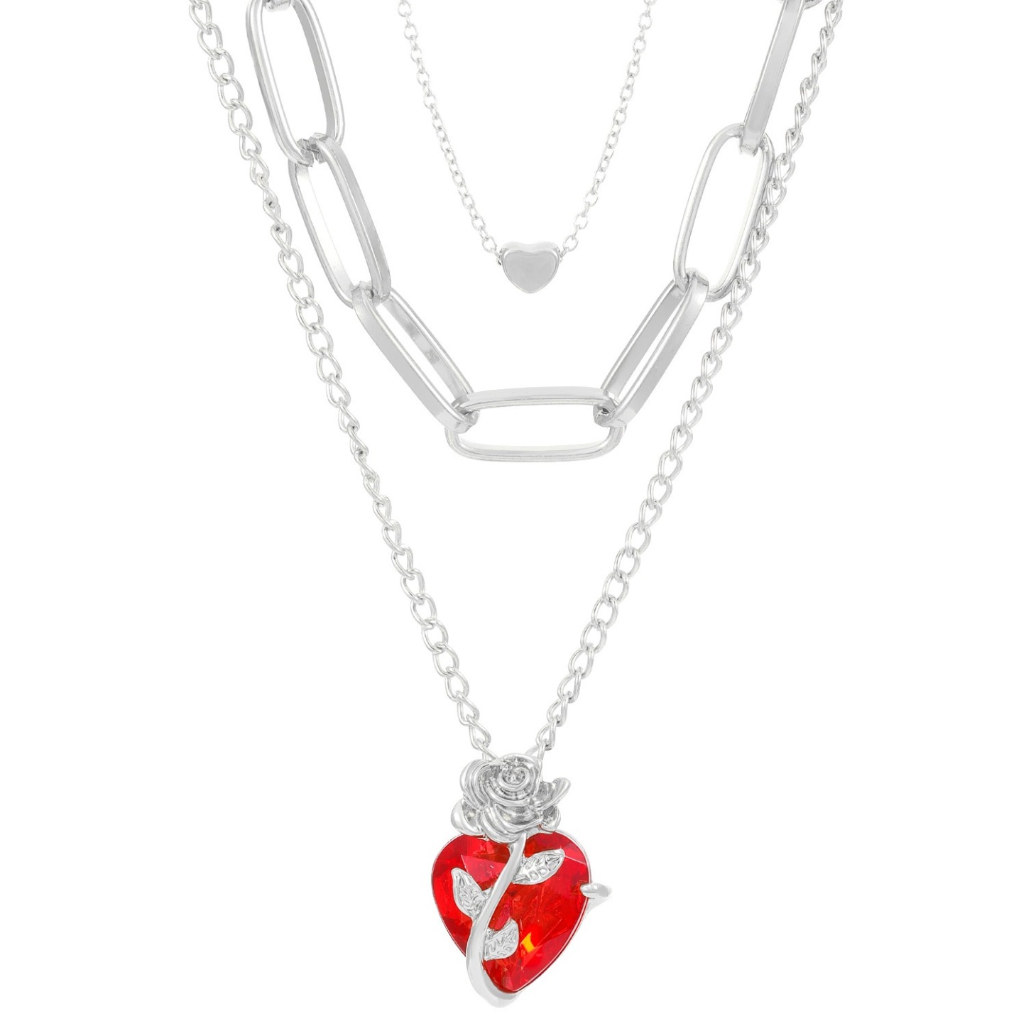 Rose & Red Heart Multi-Color Necklaces - Black Gold/Gold/Silver Single Chain & Layered Styles